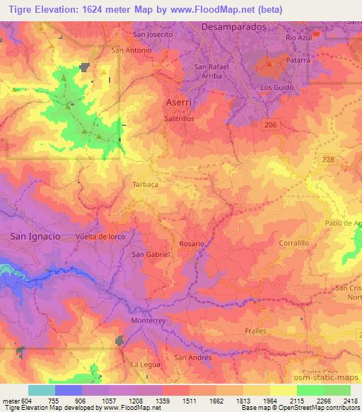Tigre,Costa Rica Elevation Map