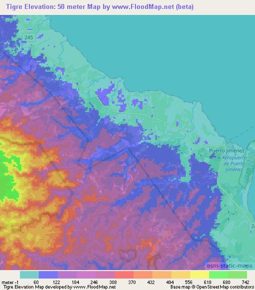 Tigre,Costa Rica Elevation Map