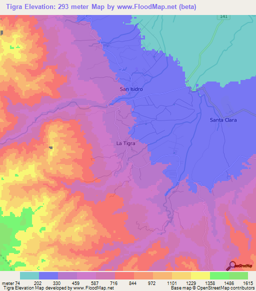 Tigra,Costa Rica Elevation Map