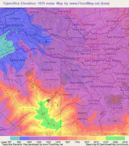 Tejarcillos,Costa Rica Elevation Map