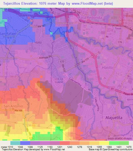 Tejarcillos,Costa Rica Elevation Map