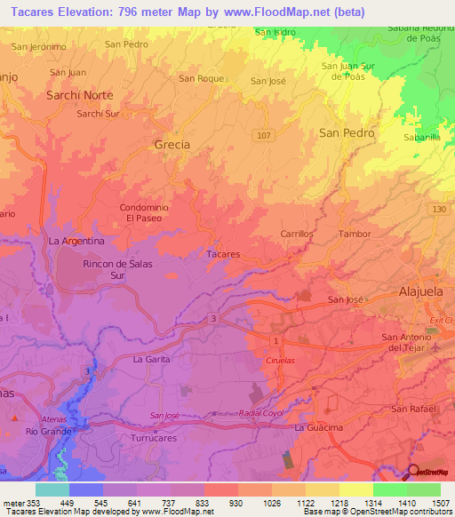Tacares,Costa Rica Elevation Map