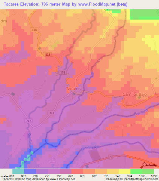 Tacares,Costa Rica Elevation Map