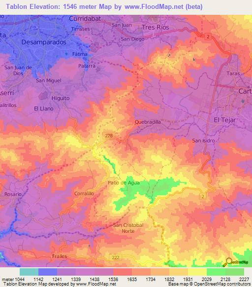 Tablon,Costa Rica Elevation Map