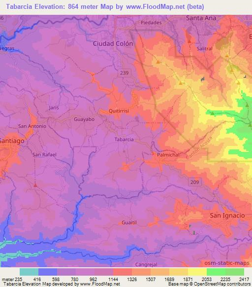 Tabarcia,Costa Rica Elevation Map