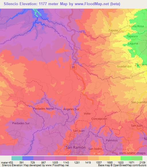 Silencio,Costa Rica Elevation Map