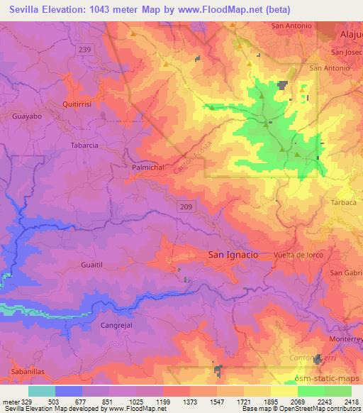 Sevilla,Costa Rica Elevation Map