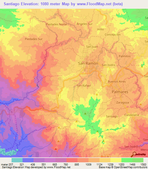 Santiago,Costa Rica Elevation Map