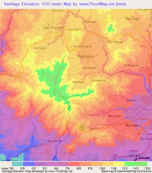 Santiago,Costa Rica Elevation Map
