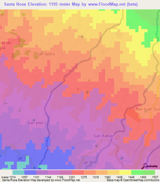 Santa Rosa,Costa Rica Elevation Map