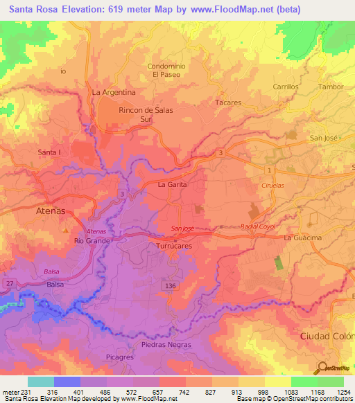 Santa Rosa,Costa Rica Elevation Map