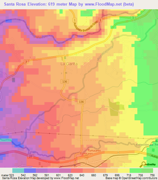 Santa Rosa,Costa Rica Elevation Map