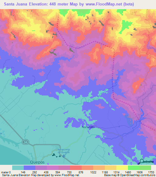 Santa Juana,Costa Rica Elevation Map
