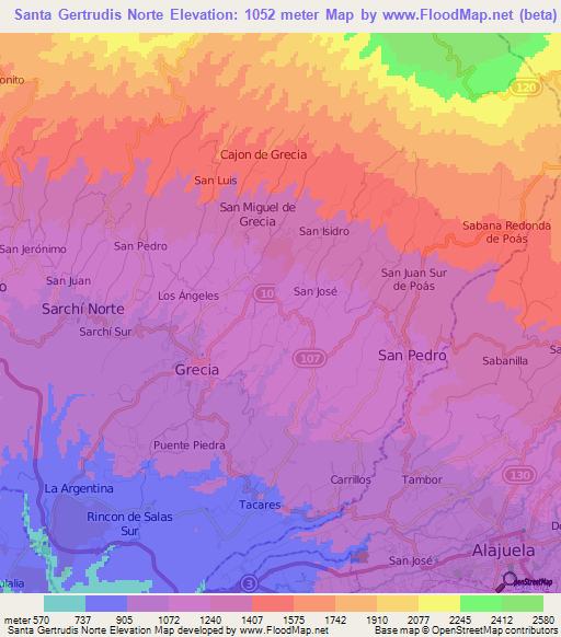 Santa Gertrudis Norte,Costa Rica Elevation Map