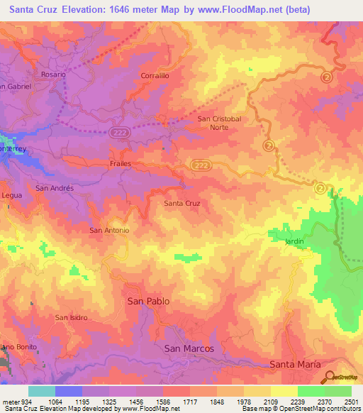 Santa Cruz,Costa Rica Elevation Map