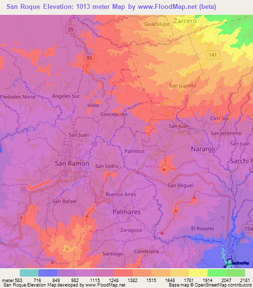 San Roque,Costa Rica Elevation Map