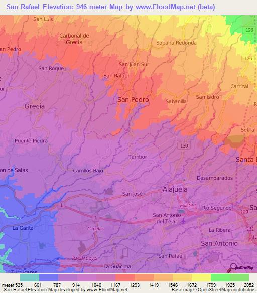 San Rafael,Costa Rica Elevation Map