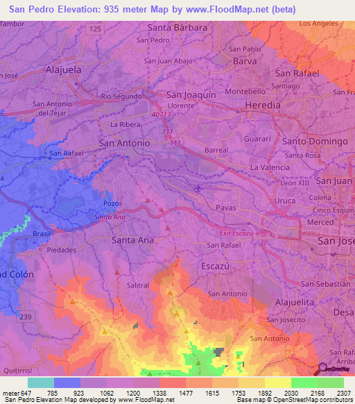 San Pedro,Costa Rica Elevation Map