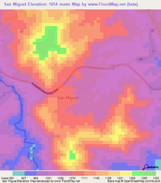 San Miguel,Costa Rica Elevation Map