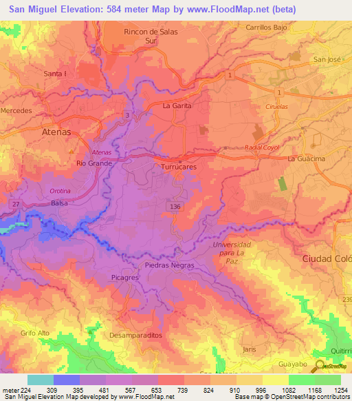 San Miguel,Costa Rica Elevation Map