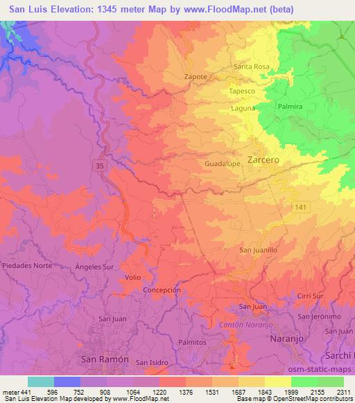 San Luis,Costa Rica Elevation Map