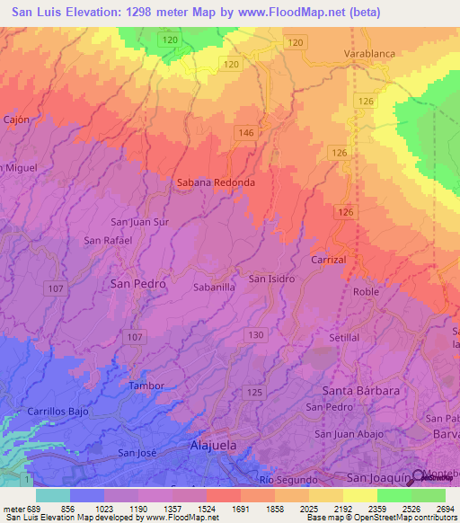 San Luis,Costa Rica Elevation Map