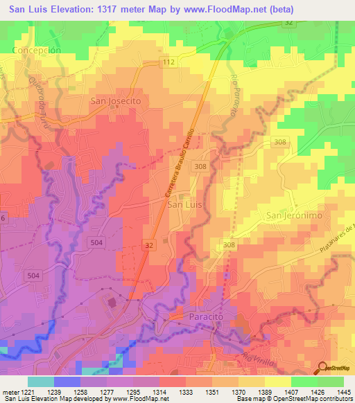 San Luis,Costa Rica Elevation Map