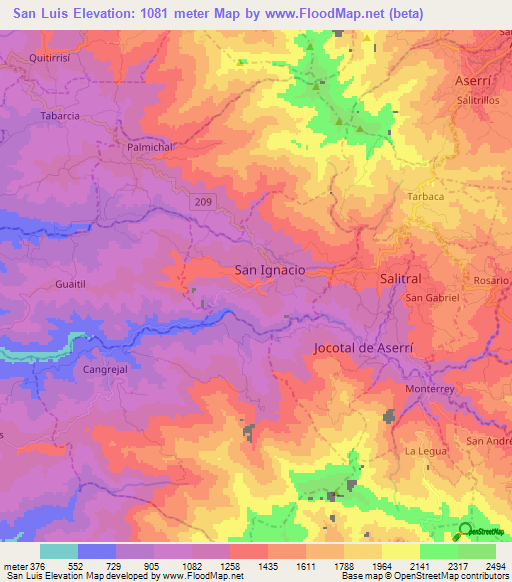 San Luis,Costa Rica Elevation Map