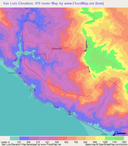 San Luis,Costa Rica Elevation Map