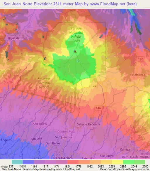 San Juan Norte,Costa Rica Elevation Map