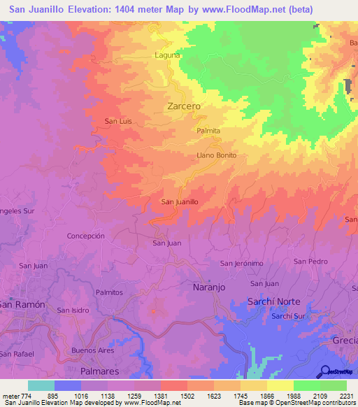 San Juanillo,Costa Rica Elevation Map