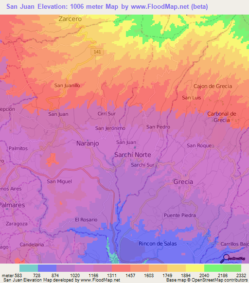 San Juan,Costa Rica Elevation Map