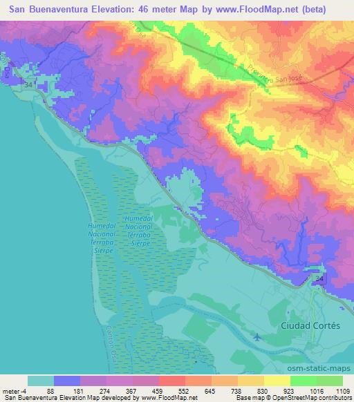 San Buenaventura,Costa Rica Elevation Map