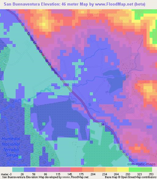 San Buenaventura,Costa Rica Elevation Map