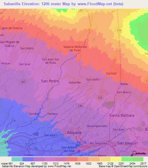 Sabanilla,Costa Rica Elevation Map