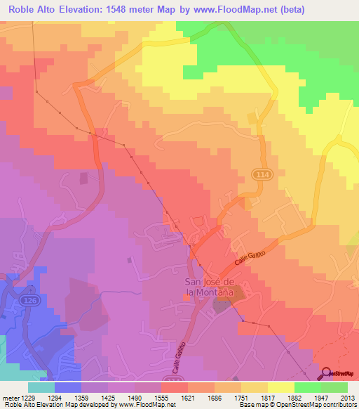 Roble Alto,Costa Rica Elevation Map