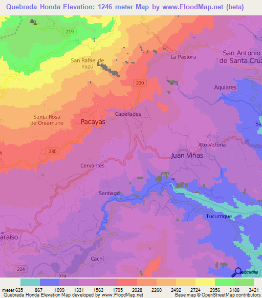 Quebrada Honda,Costa Rica Elevation Map