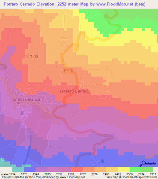 Potrero Cerrado,Costa Rica Elevation Map