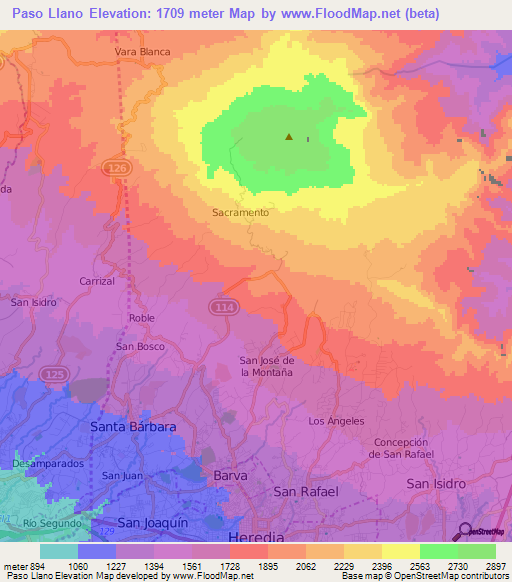 Paso Llano,Costa Rica Elevation Map