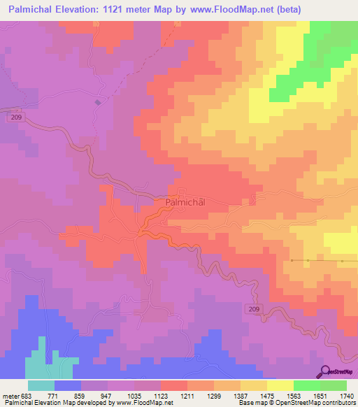 Palmichal,Costa Rica Elevation Map
