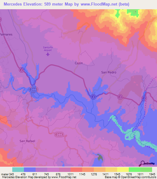 Mercedes,Costa Rica Elevation Map