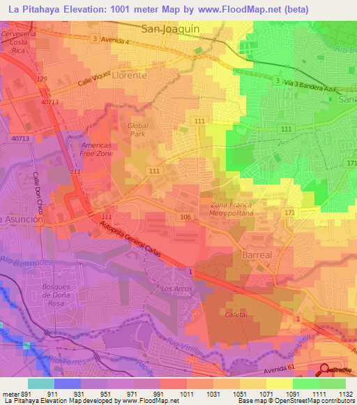 La Pitahaya,Costa Rica Elevation Map