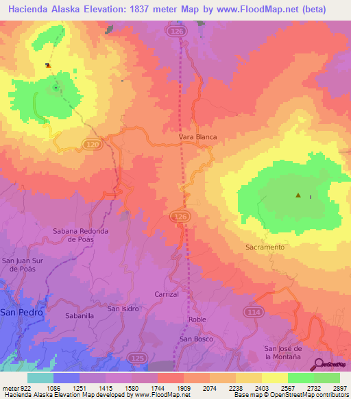 Hacienda Alaska,Costa Rica Elevation Map