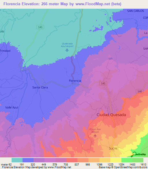 Florencia,Costa Rica Elevation Map