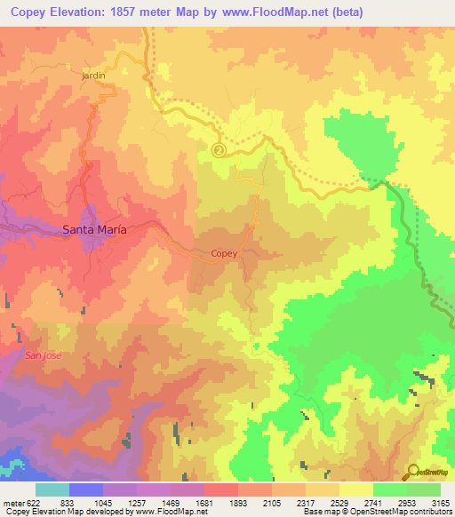 Copey,Costa Rica Elevation Map