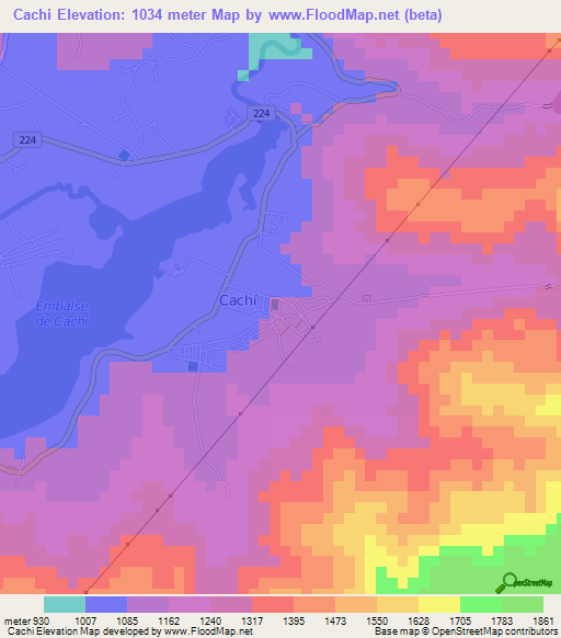 Cachi,Costa Rica Elevation Map