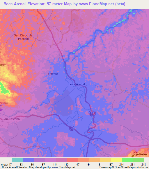 Boca Arenal,Costa Rica Elevation Map