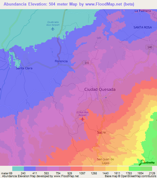 Abundancia,Costa Rica Elevation Map