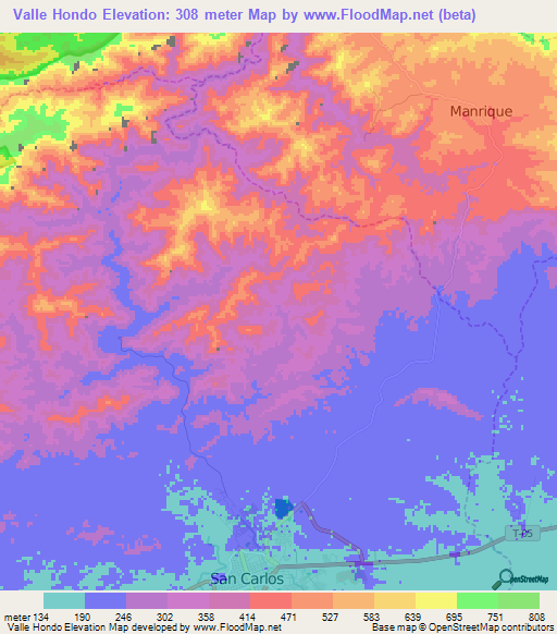 Valle Hondo,Venezuela Elevation Map