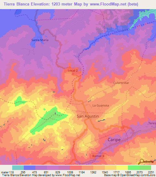 Tierra Blanca,Venezuela Elevation Map